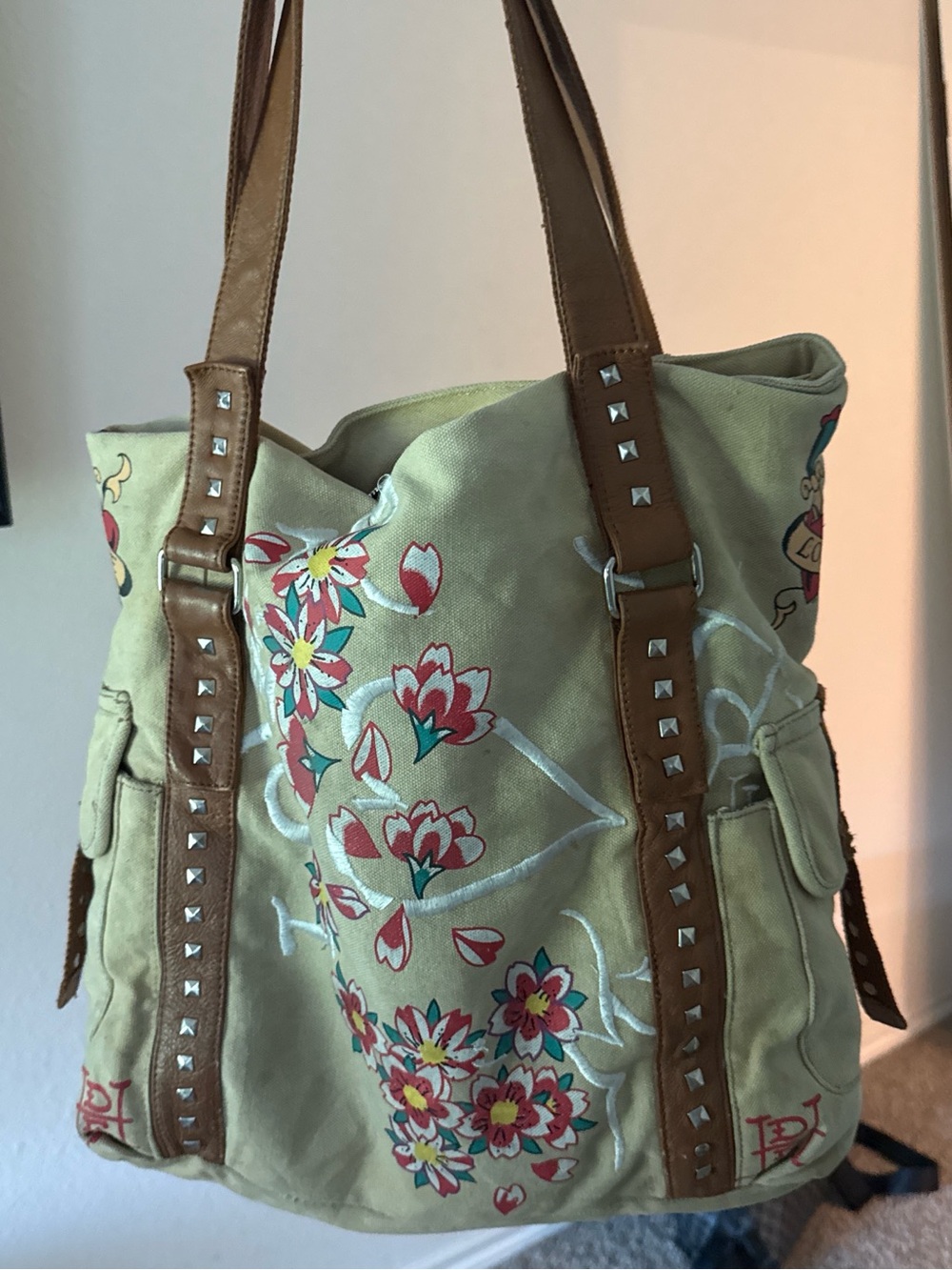 Ed Hardy Floral Embroidered Canvas Tote in Light Green with Brown Straps